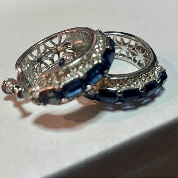 Silver-Toned Faux Blue Sapphire and Zirconia Hoop Earrings –Crystal Huggie Hoops - Picture 14 of 15